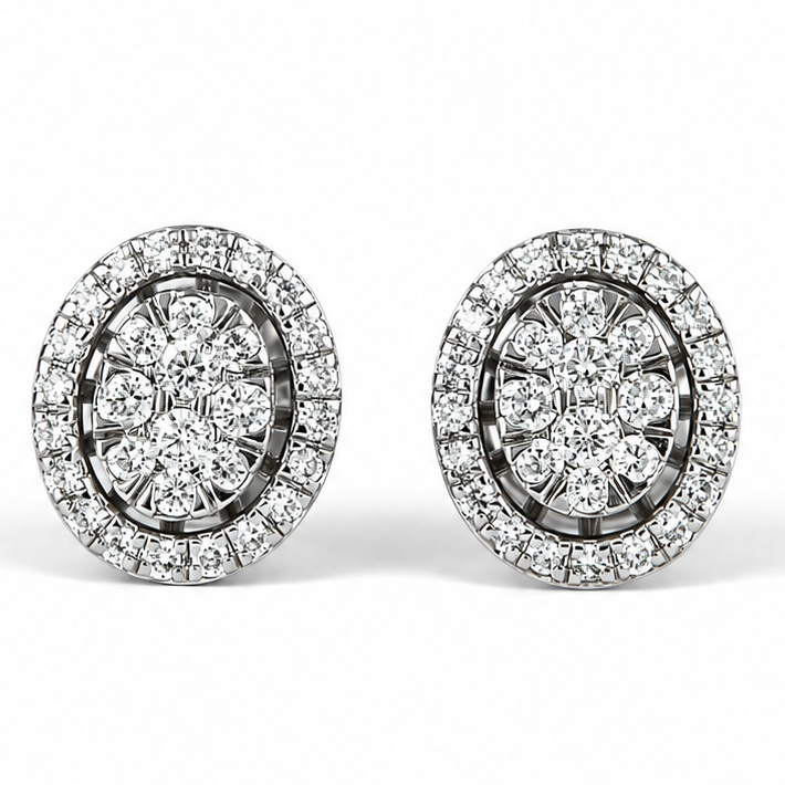 Oval Diamond Halo Cluster Stud Earrings