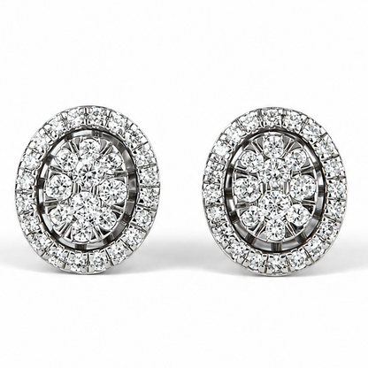 Oval Diamond Halo Cluster Stud Earrings