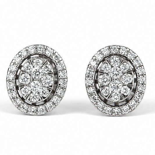 Oval Diamond Halo Cluster Stud Earrings