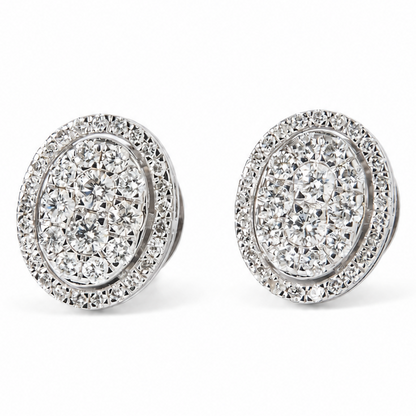 Oval Diamond Halo Cluster Stud Earrings