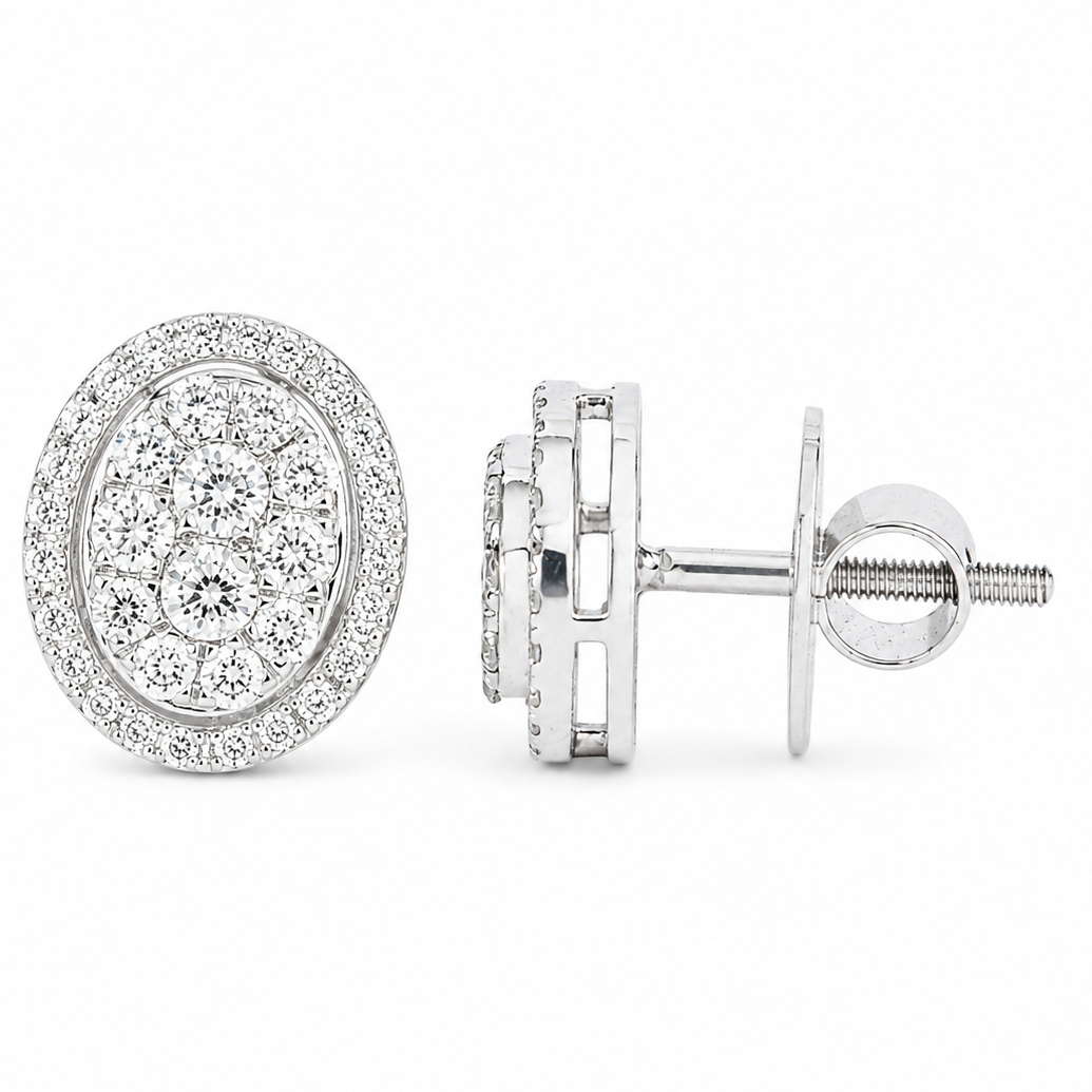 Oval Diamond Halo Cluster Stud Earrings