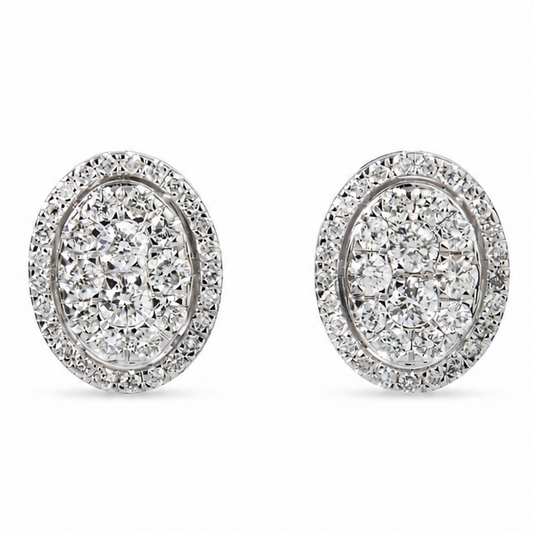 Oval Diamond Halo Cluster Stud Earrings