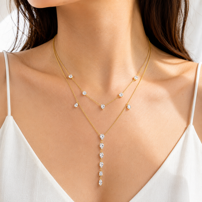 Rose-Cut Natural Diamond Lariat Necklace in Solid Gold