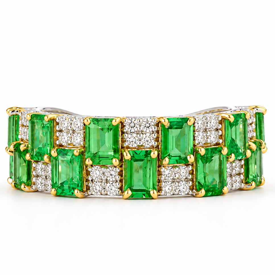 Natural Tsavorite Diamond Checkerboard Cocktail Ring