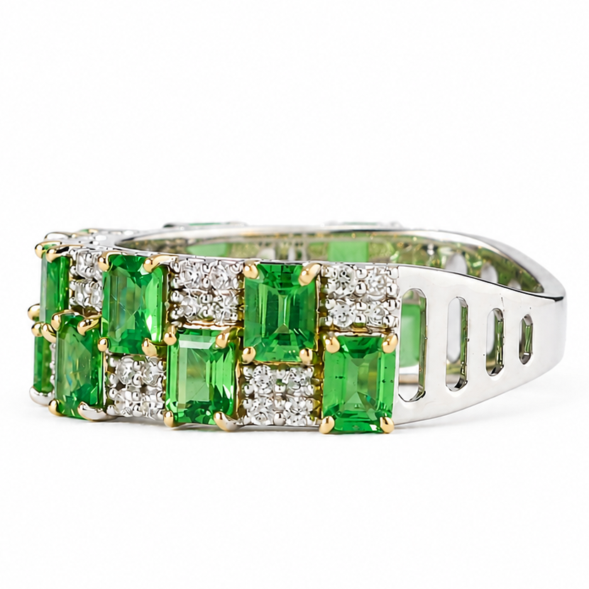 Natural Tsavorite Diamond Checkerboard Cocktail Ring