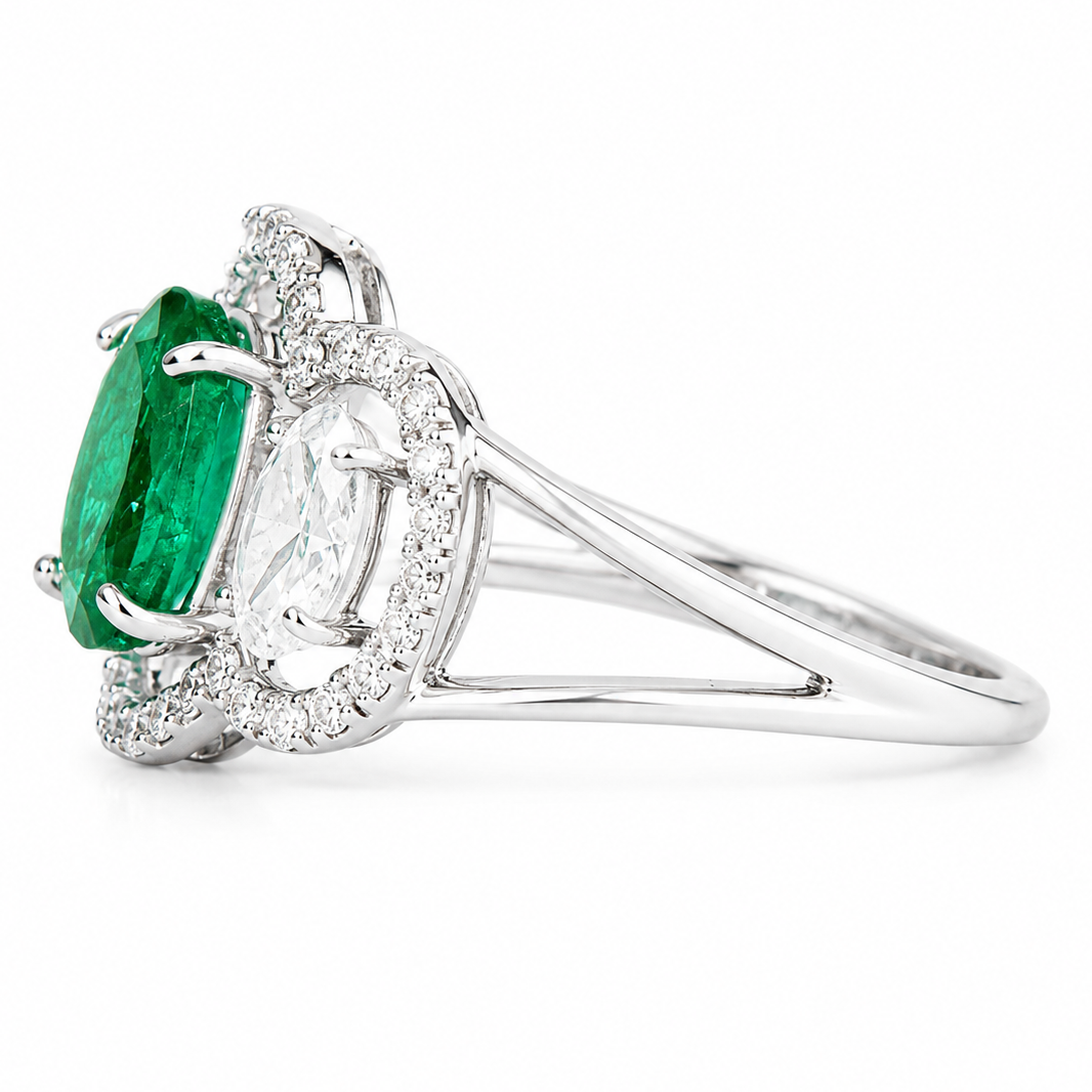 Oval Zambian Emerald Diamond Halo Ring