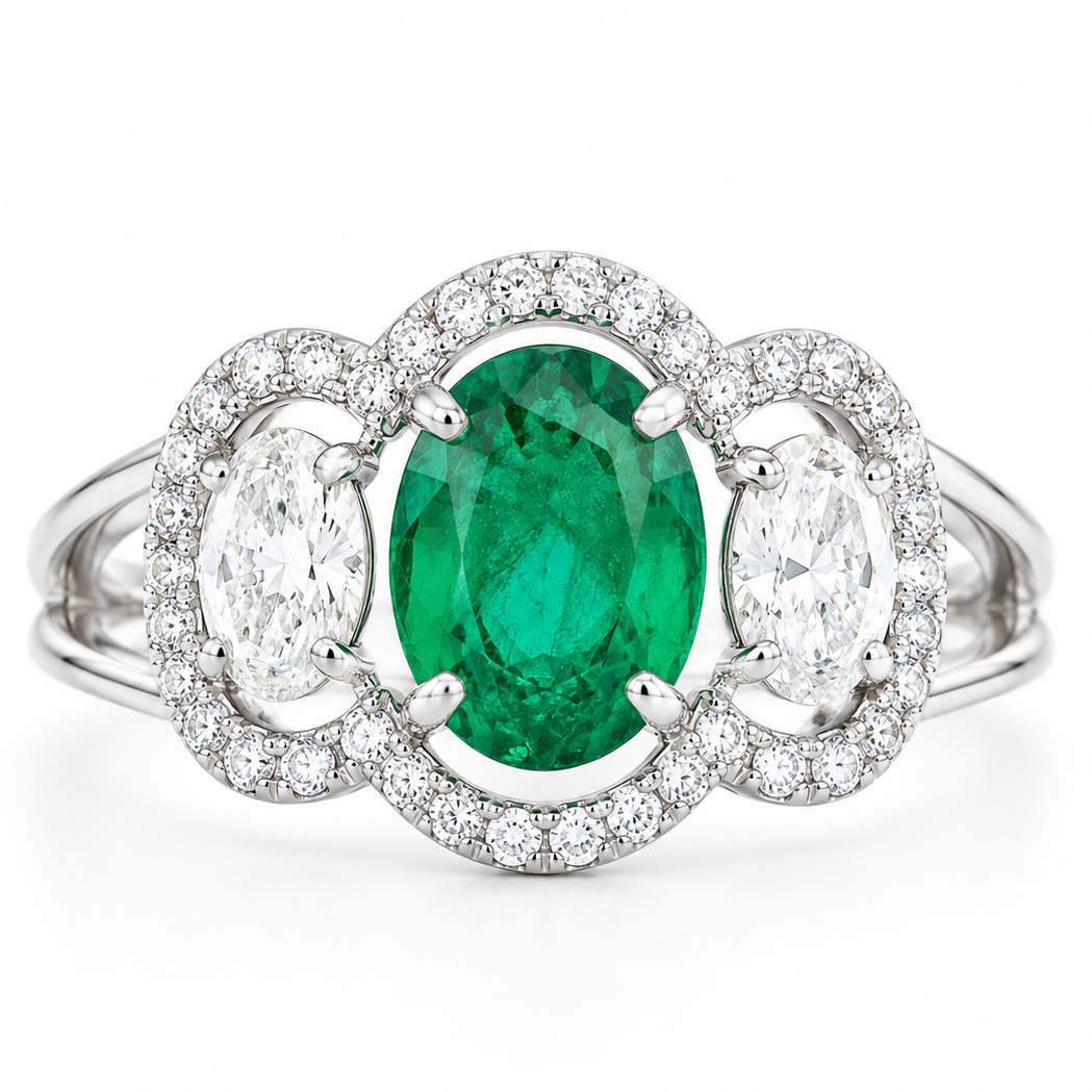 Oval Zambian Emerald Diamond Halo Ring