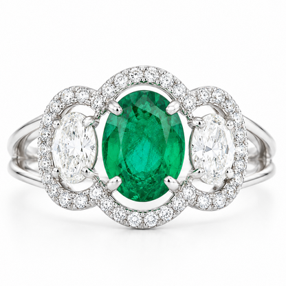 Oval Zambian Emerald Diamond Halo Ring