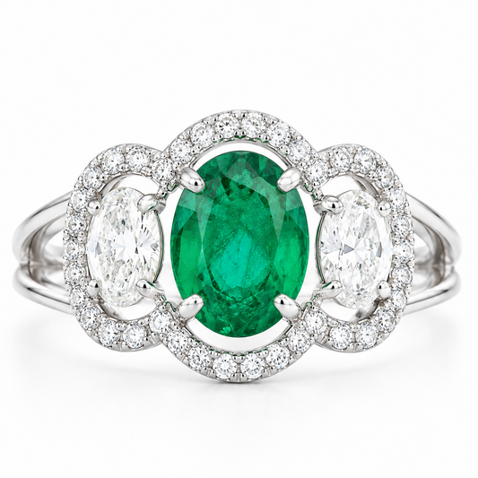 Oval Zambian Emerald Diamond Halo Ring