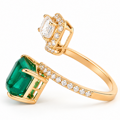 Toi et Moi Natural Zambian Emerald Diamond Ring in 14K Gold
