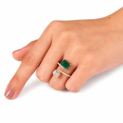 Toi et Moi Natural Zambian Emerald Diamond Ring in 14K Gold