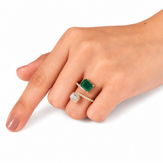Toi et Moi Natural Zambian Emerald Diamond Ring in 14K Gold