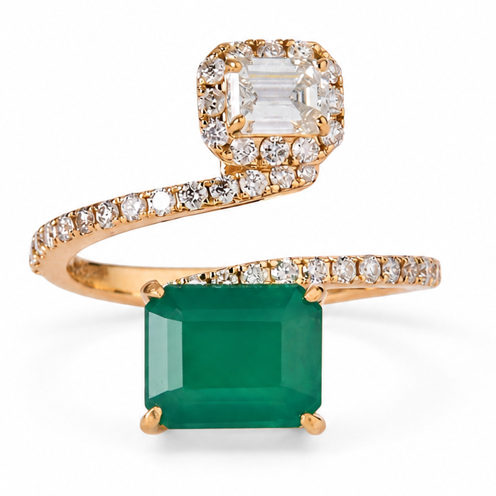 Toi et Moi Natural Zambian Emerald Diamond Ring in 14K Gold