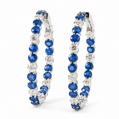 Natural Blue Sapphire Diamond Hoop Earrings
