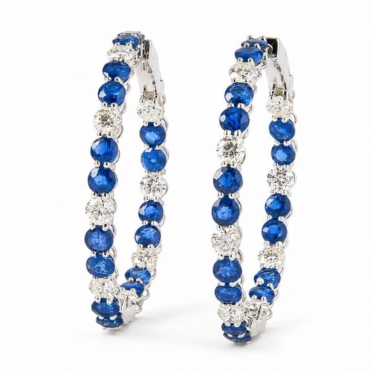 Natural Blue Sapphire Diamond Hoop Earrings
