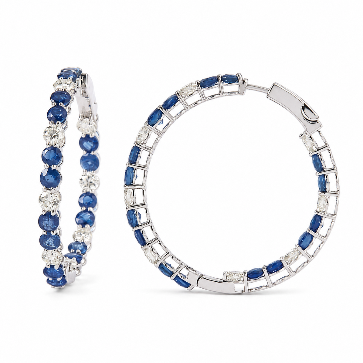 Natural Blue Sapphire Diamond Hoop Earrings