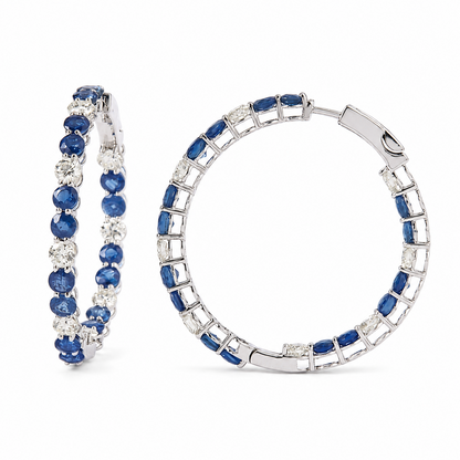 Natural Blue Sapphire Diamond Hoop Earrings