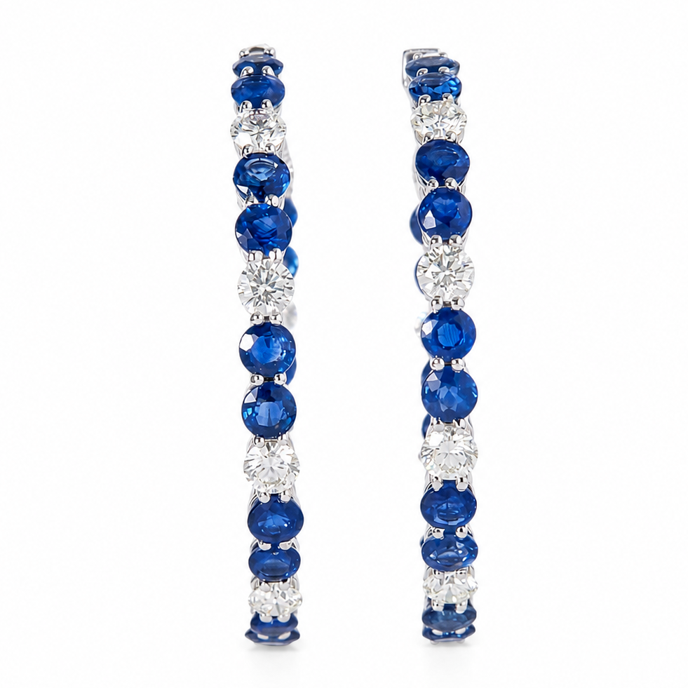 Natural Blue Sapphire Diamond Hoop Earrings