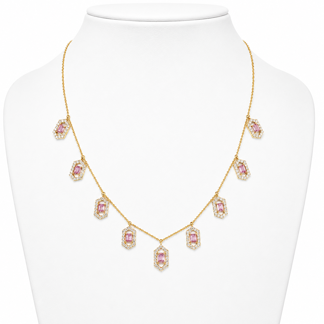 Hexagon Pink Sapphire Station Necklace
