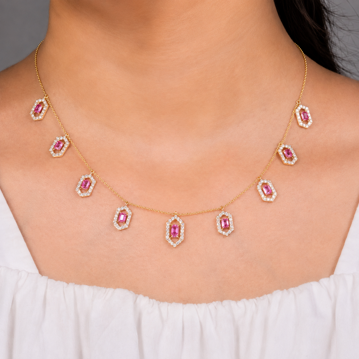 Hexagon Pink Sapphire Station Necklace