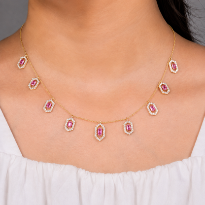 Hexagon Pink Sapphire Station Necklace