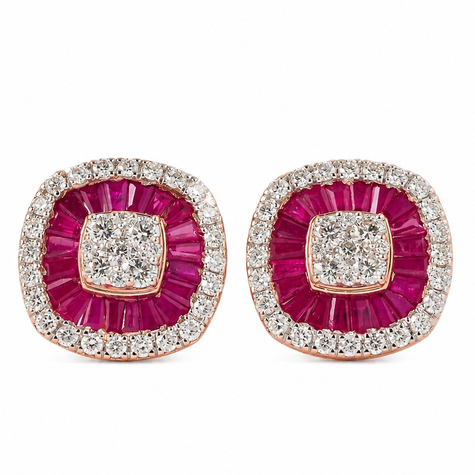 Ruby Baguette Diamond Double Halo Stud Earrings