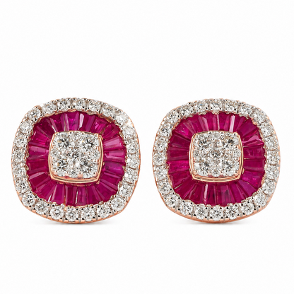 Ruby Baguette Diamond Double Halo Stud Earrings