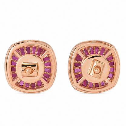 Ruby Baguette Diamond Double Halo Stud Earrings