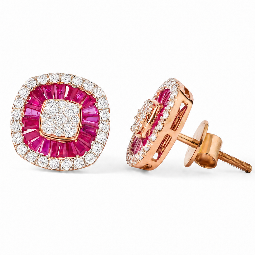Ruby Baguette Diamond Double Halo Stud Earrings