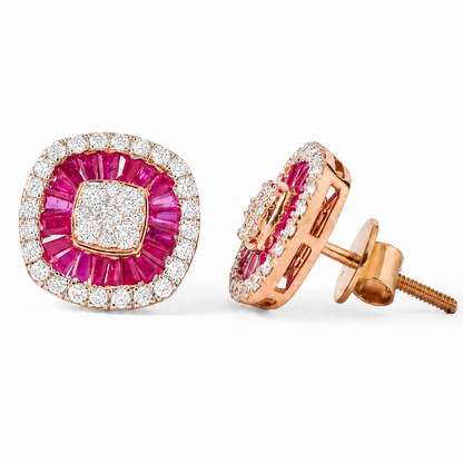 Ruby Baguette Diamond Double Halo Stud Earrings