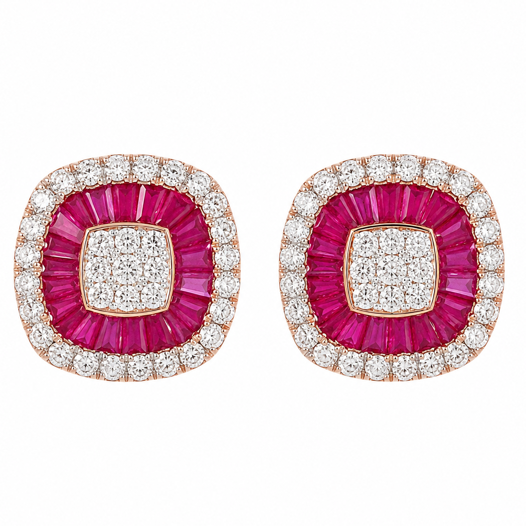 Ruby Baguette Diamond Double Halo Stud Earrings