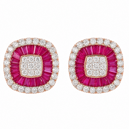 Ruby Baguette Diamond Double Halo Stud Earrings