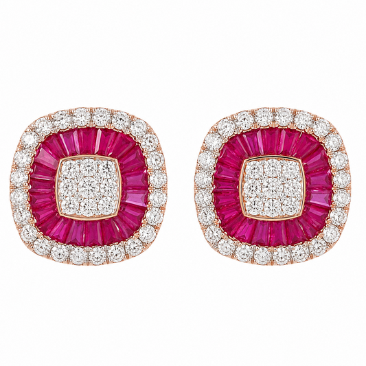 Ruby Baguette Diamond Double Halo Stud Earrings