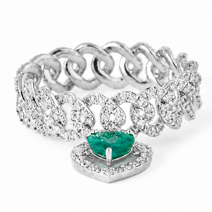 Cuban Link Diamond Ring with Emerald Heart Dangle