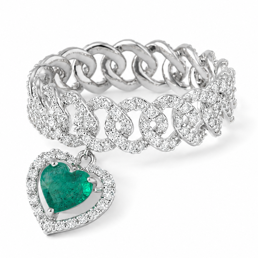 Cuban Link Diamond Ring with Emerald Heart Dangle