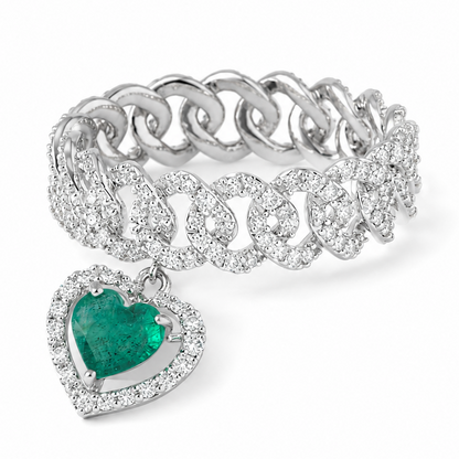 Cuban Link Diamond Ring with Emerald Heart Dangle
