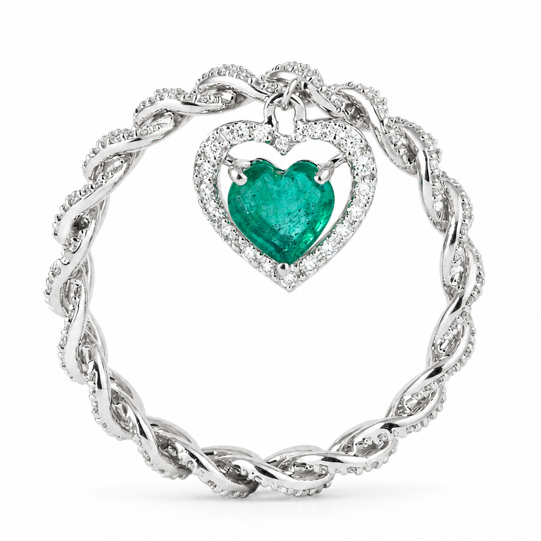 Cuban Link Diamond Ring with Emerald Heart Dangle