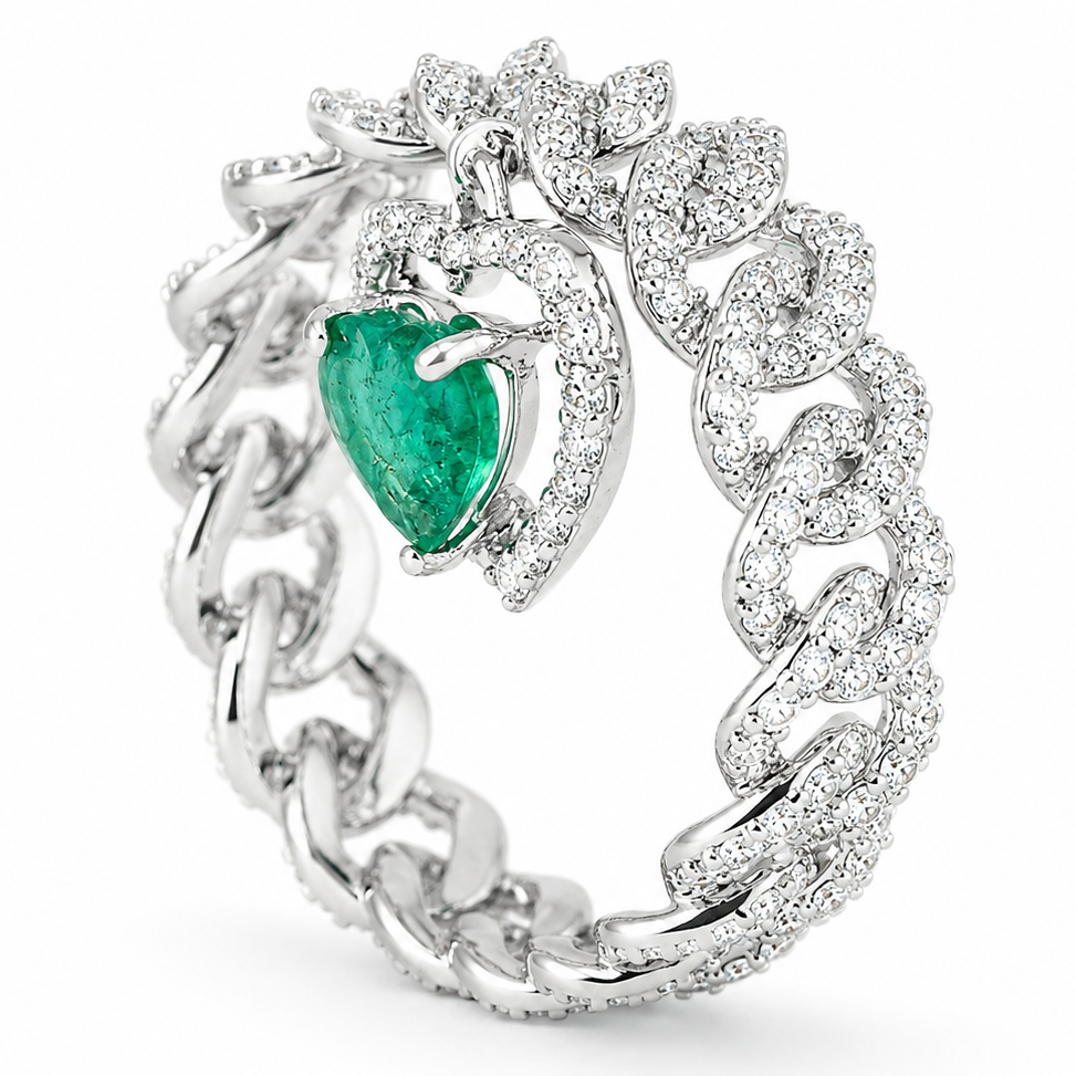 Cuban Link Diamond Ring with Emerald Heart Dangle