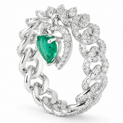 Cuban Link Diamond Ring with Emerald Heart Dangle