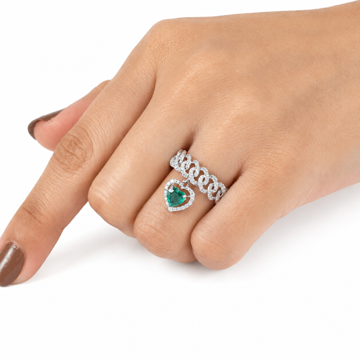 Cuban Link Diamond Ring with Emerald Heart Dangle