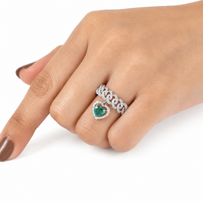 Cuban Link Diamond Ring with Emerald Heart Dangle