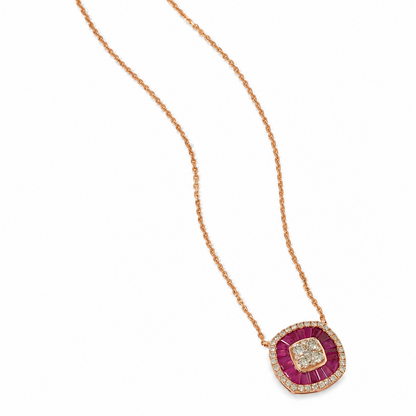 Ruby Baguette Diamond Double Halo Necklace