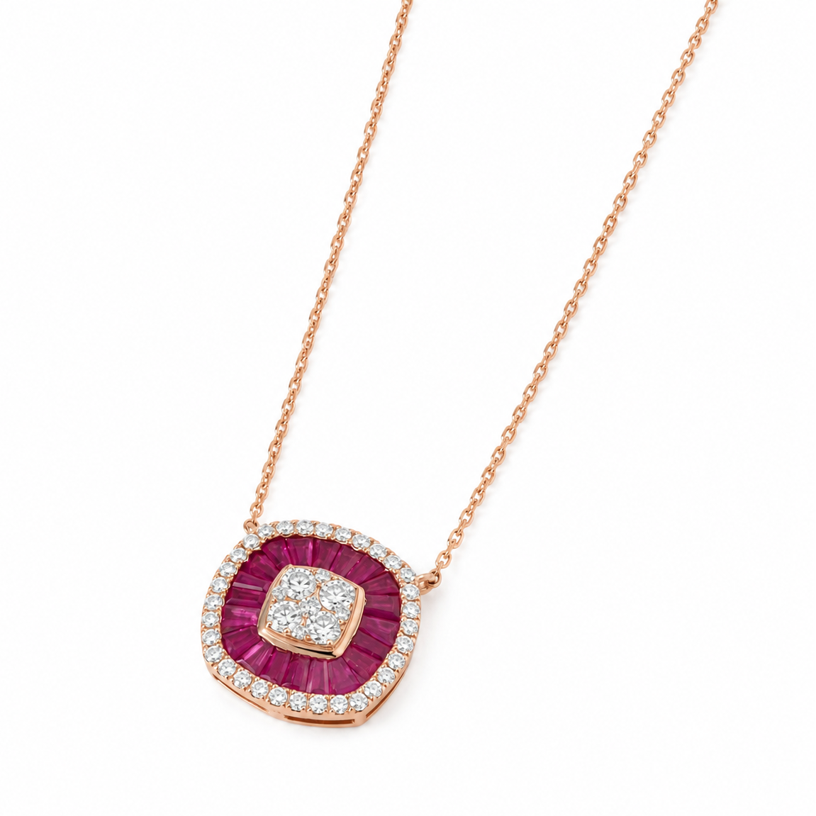Ruby Baguette Diamond Double Halo Necklace