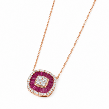 Ruby Baguette Diamond Double Halo Necklace