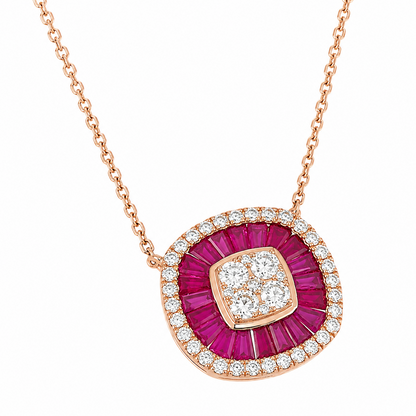 Ruby Baguette Diamond Double Halo Necklace