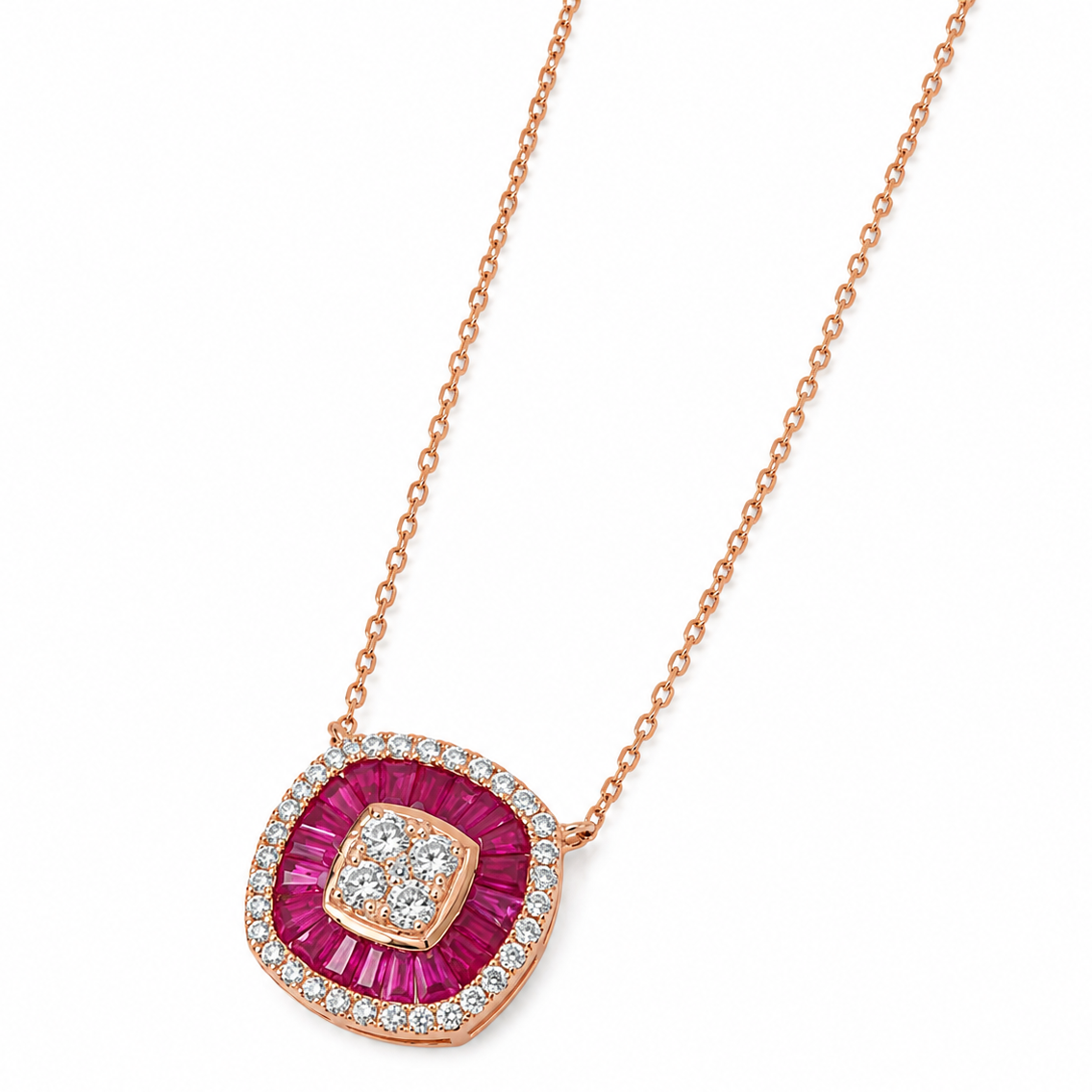 Ruby Baguette Diamond Double Halo Necklace