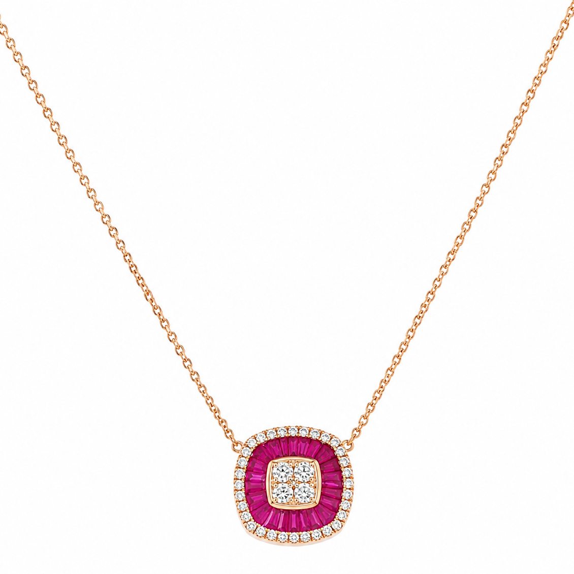 Ruby Baguette Diamond Double Halo Necklace