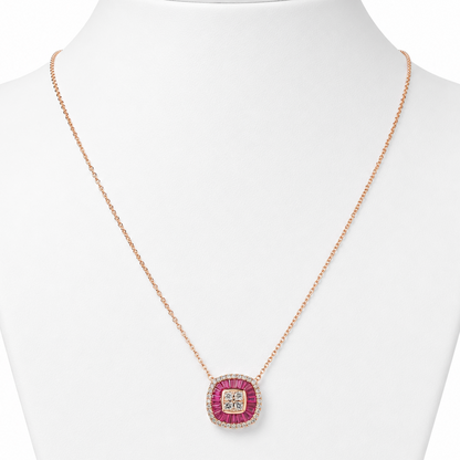 Ruby Baguette Diamond Double Halo Necklace