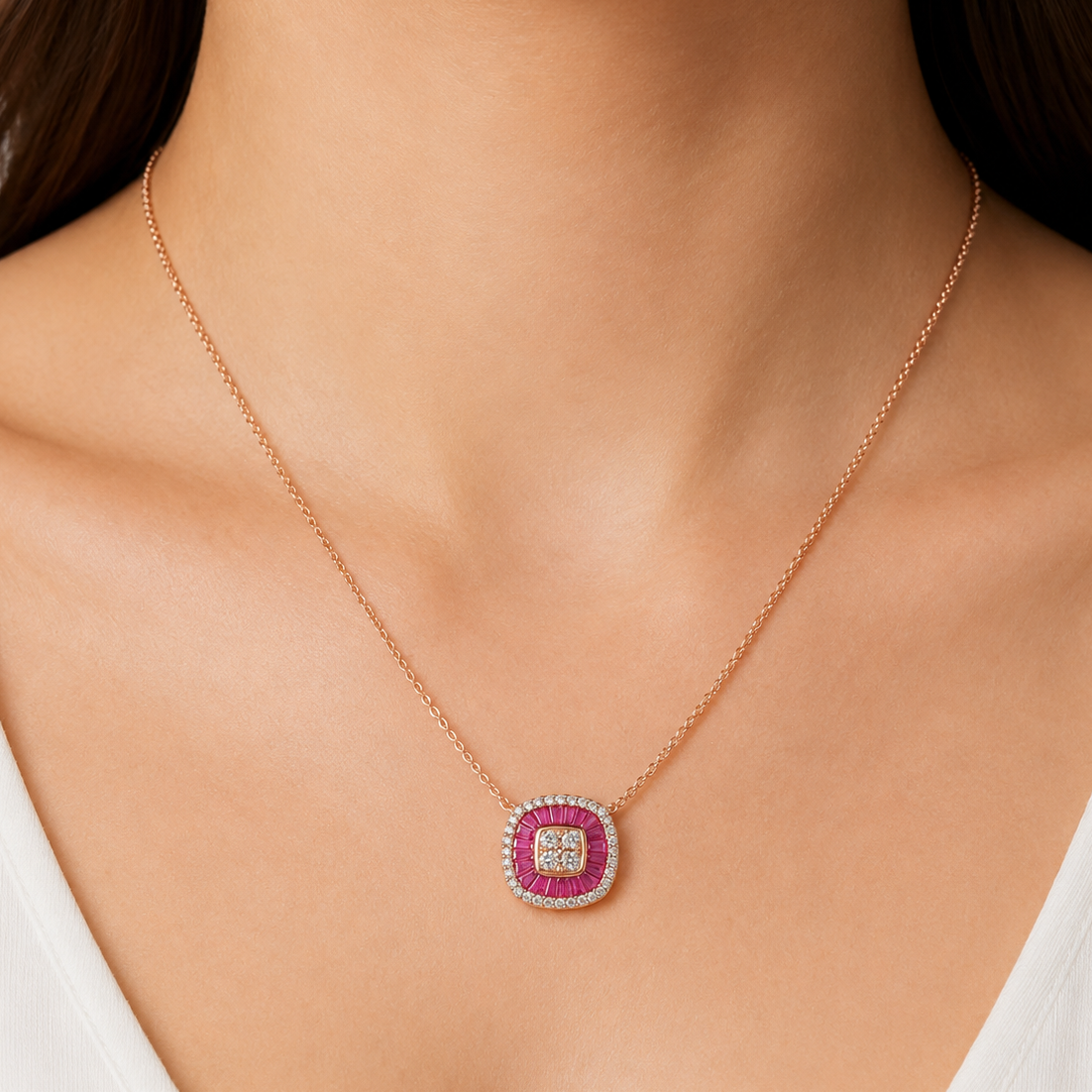 Ruby Baguette Diamond Double Halo Necklace