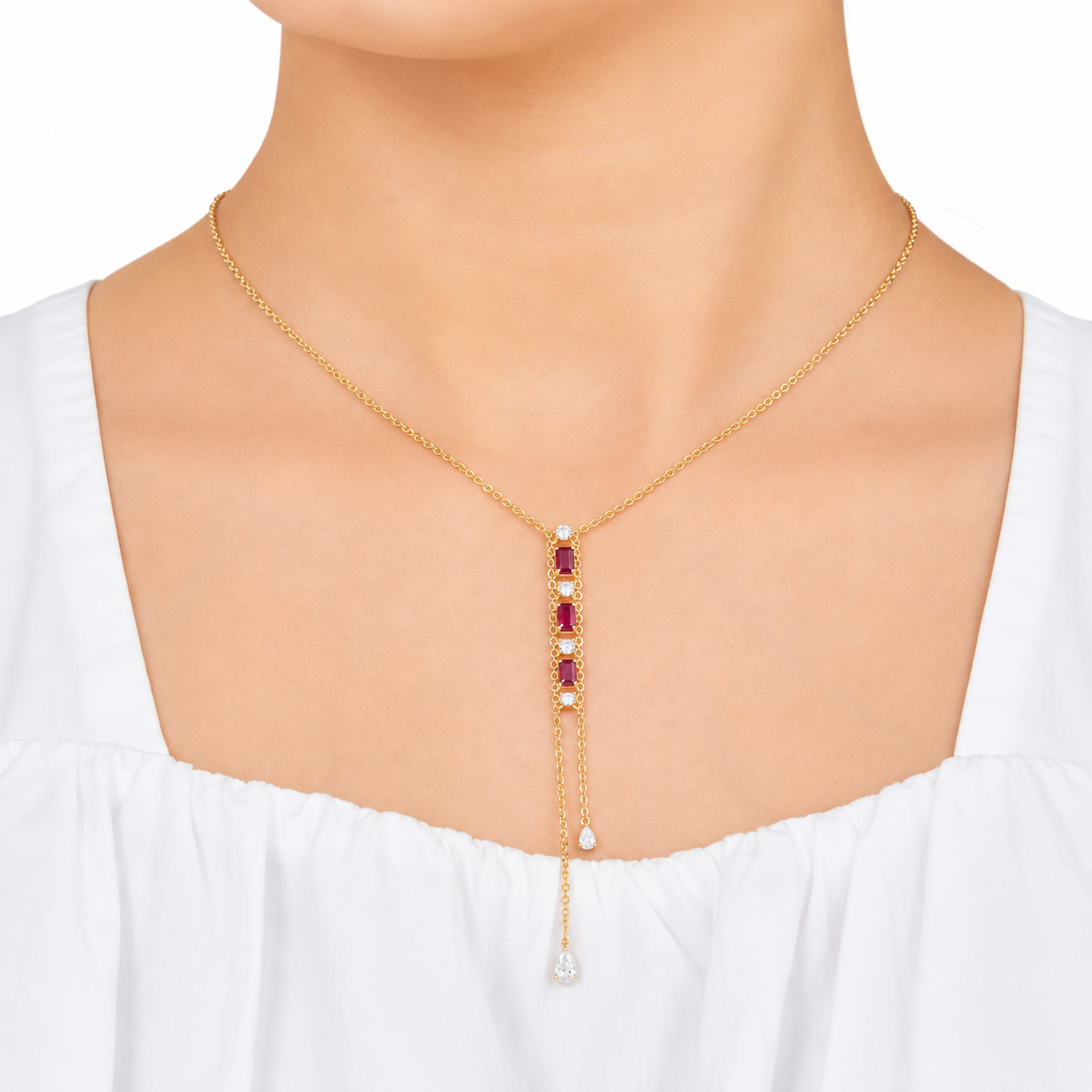 Ruby Diamond Vertical Bar Lariat Necklace